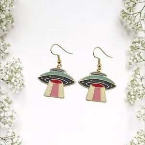UFO Enamel Earrings Gold Plated Fish Hook Ear Wires Spaceship Earrings